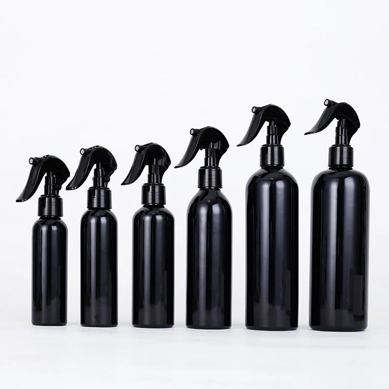 Botella de plástico negra con pulverizador, 100-500 ml