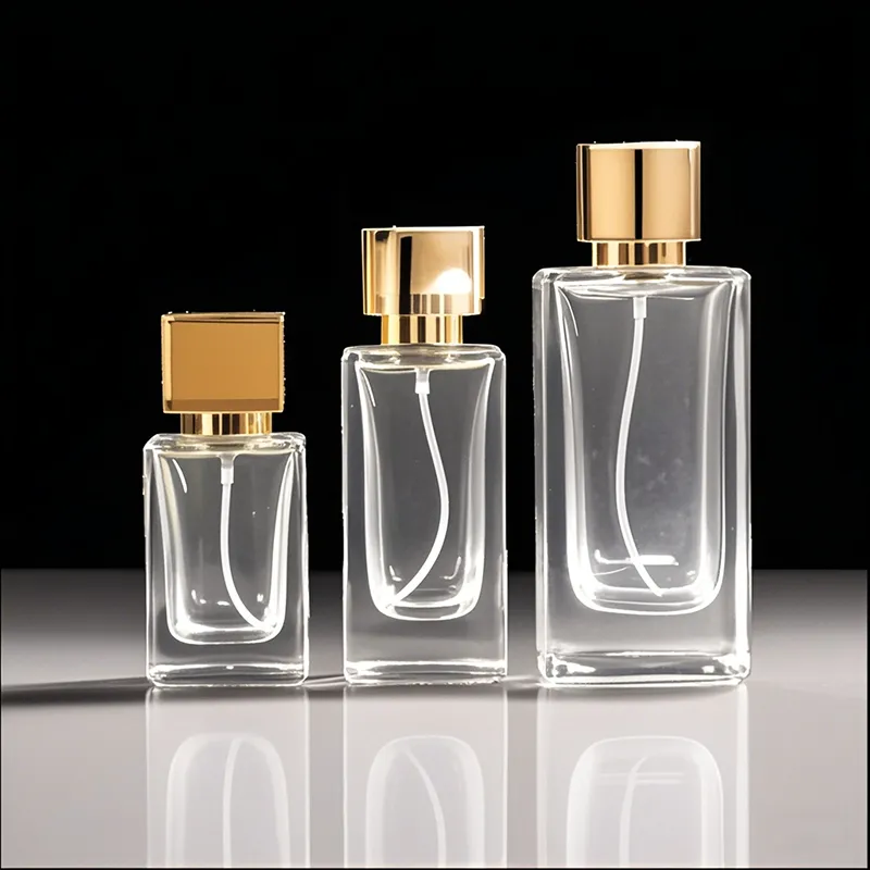 Frasco de vidrio transparente con boca anillada para perfume, 30 ml, 50 ml, 100 ml, para hombre, con tapón pulverizador cuadrado