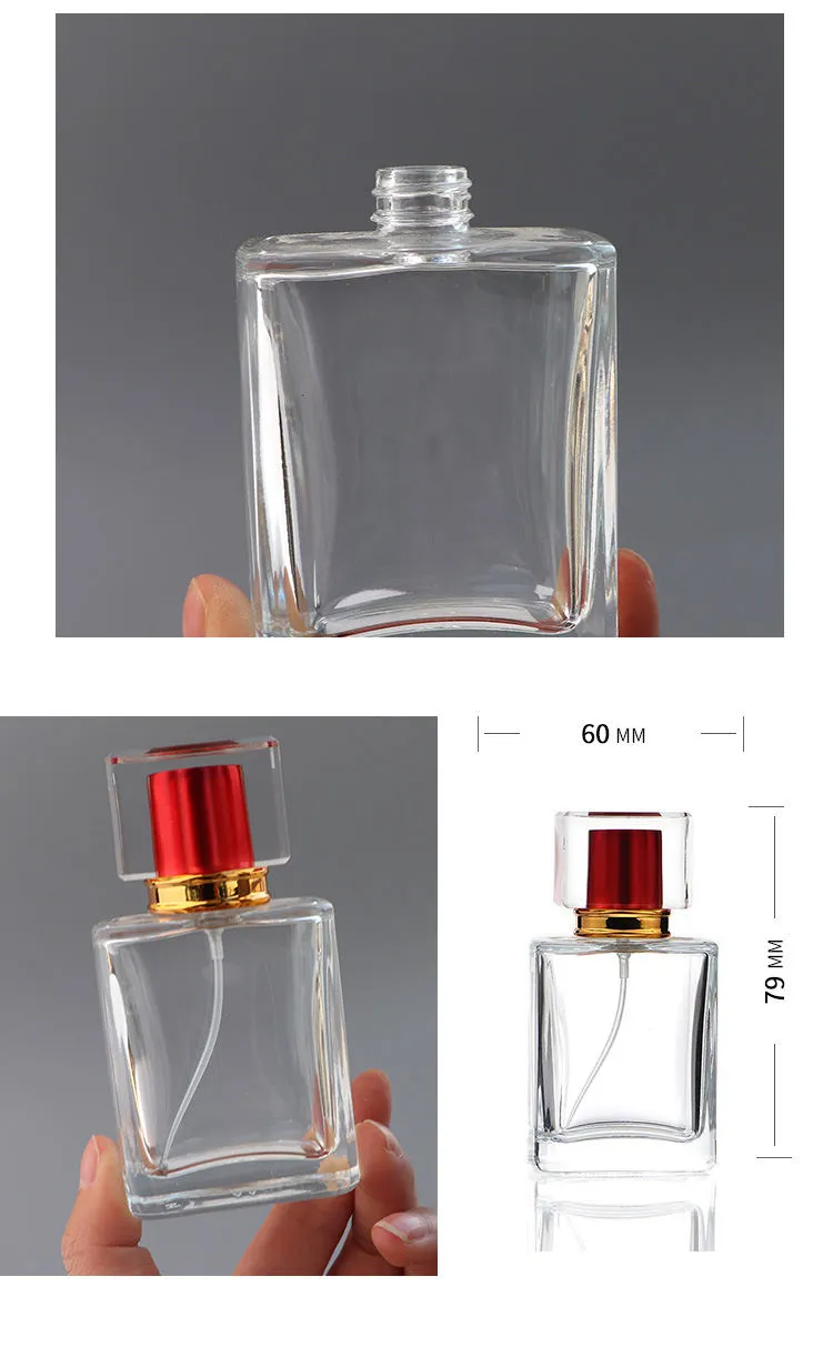 ラグジュアリーな長方形ガラス製トラベルサイズ香水リフィルボトル、スパイラルスプレーノズル付き、50ml