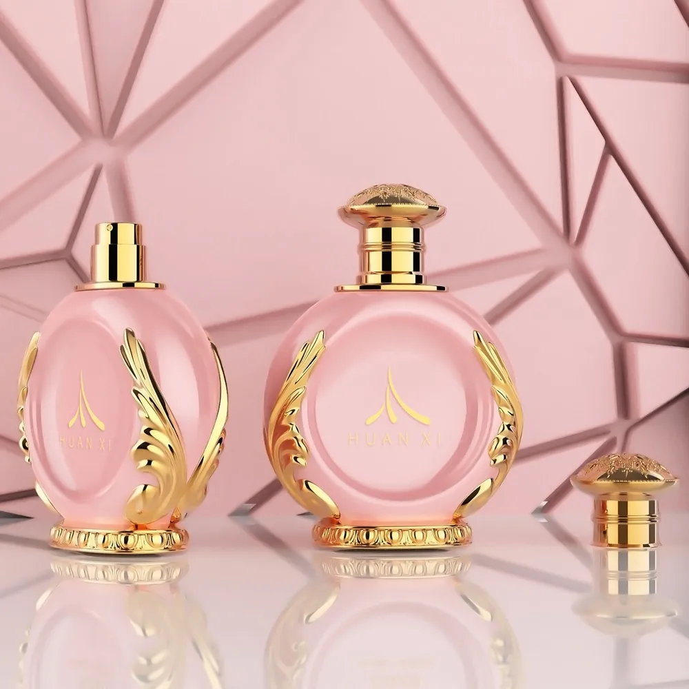 Pink Perfume Glass Bottle Angle Wing with Golden Cap 50ml