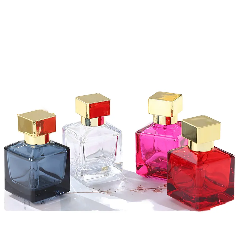 Frascos de perfume de cristal con rizo, transparentes, rojos, grises y rosas, con atomizador y forma cuadrada, elegantes, de 50 ml