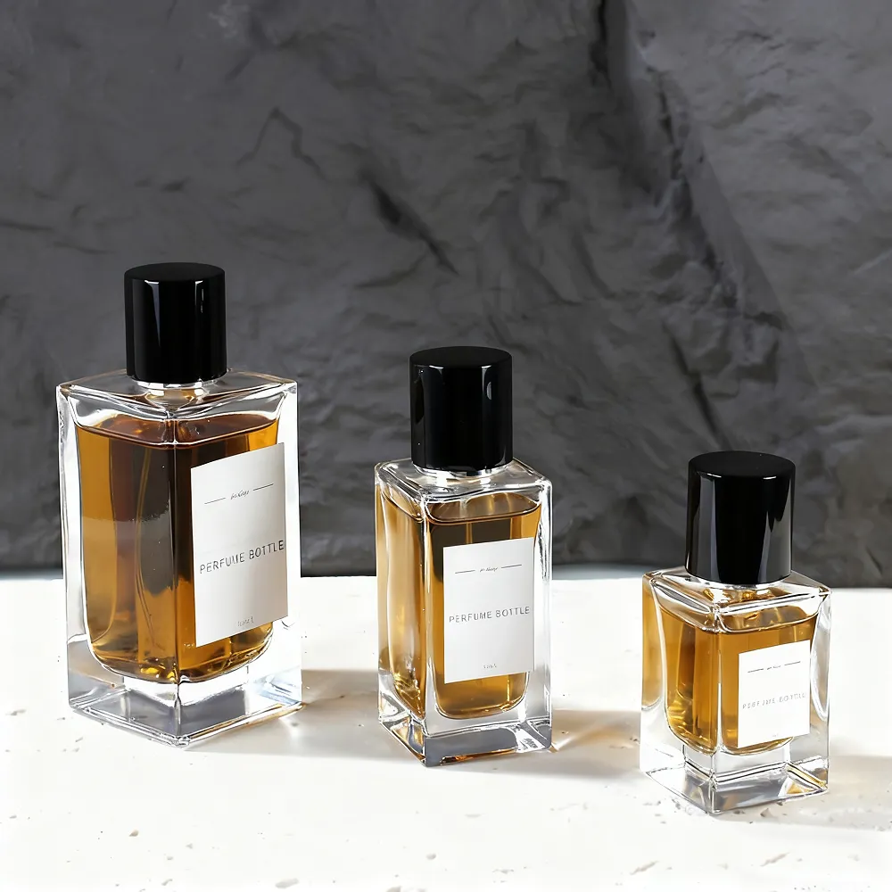 Custom Luxury Refillable square Glass Perfume Bottle Wooden Lid Cap 30ml 50ml 100ml