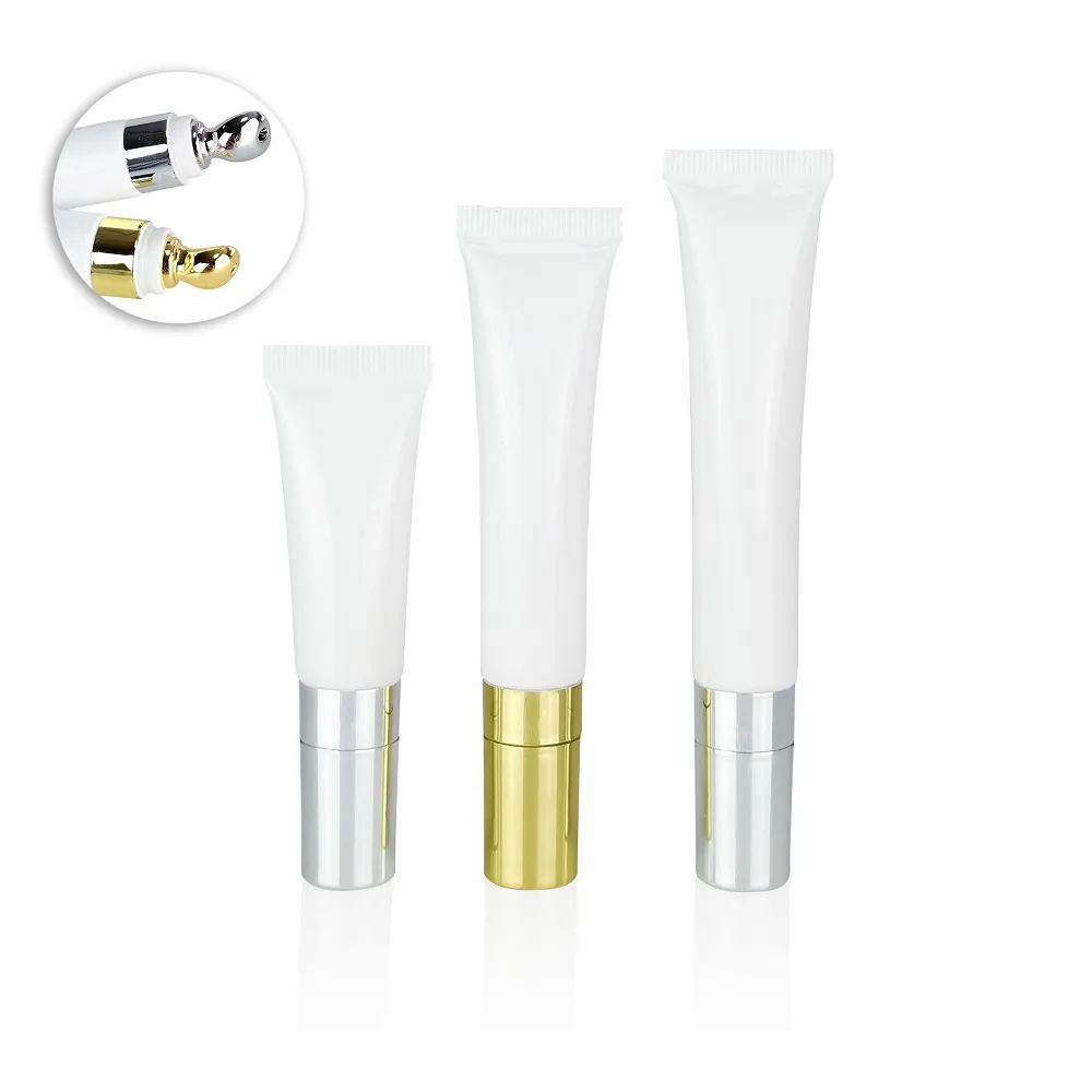 Envase de tubo de crema para ojos blanca de 10 g, 15 g y 20 g con aplicador plateado y dorado