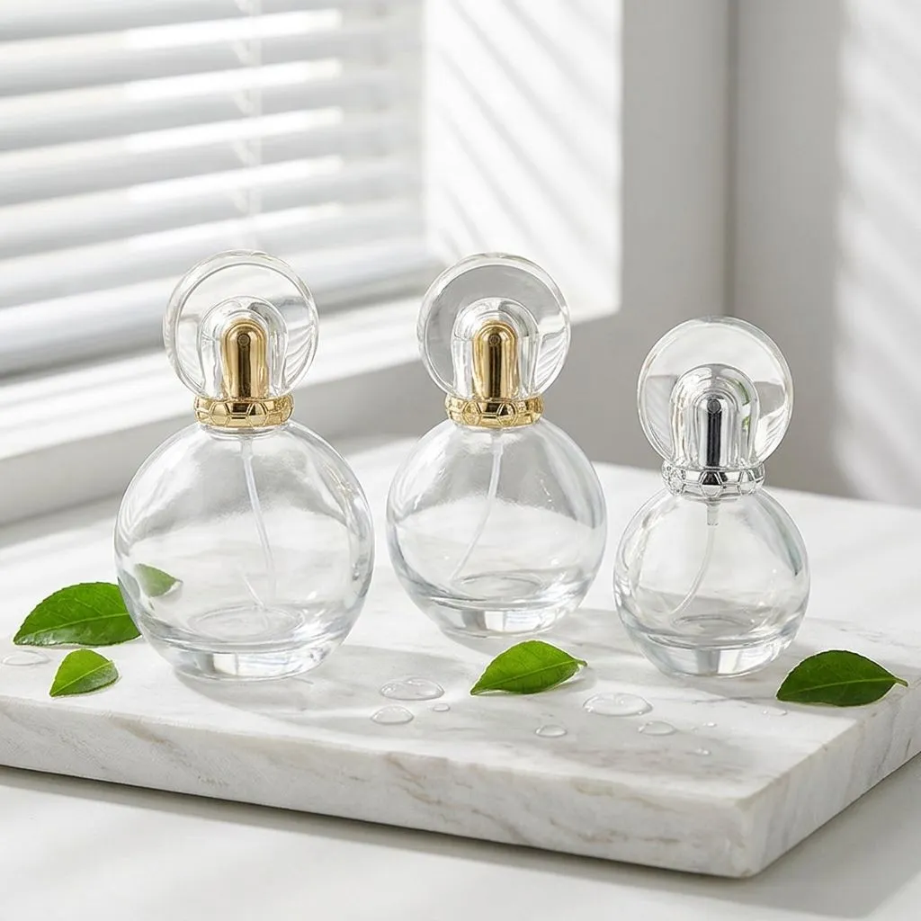 Flacon de parfum en verre rond haut de gamme, vide, avec vaporisateur, 30 ml, 50 ml, 100 ml