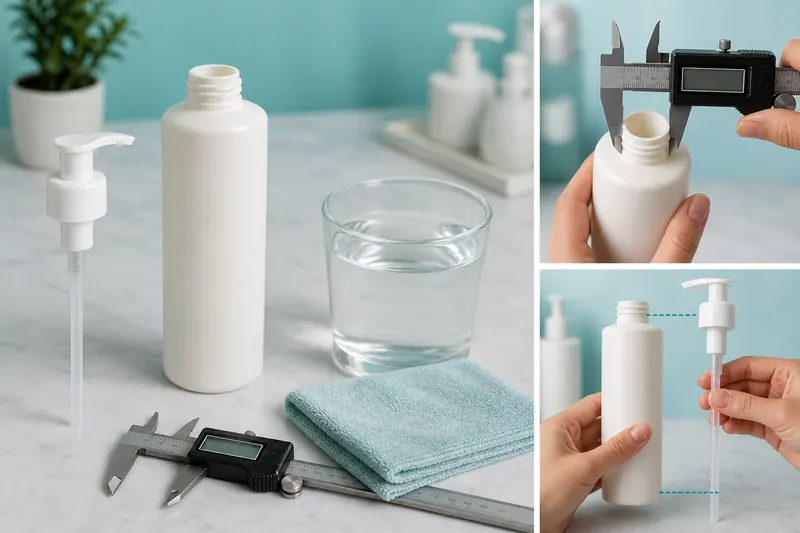 Limpieza de la bomba de una loción y medición del cuello de la botella y del tubo de inmersión para encontrar un recambio compatible