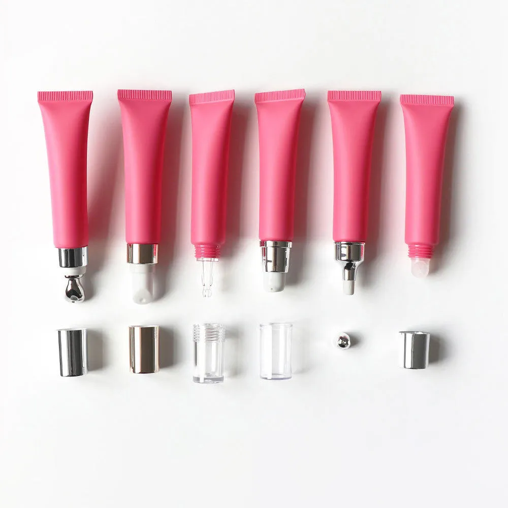 Tubetto in plastica rosa opaco personalizzato, con dosatore a pressione, per crema contorno occhi/lucidalabbra da 15 ml