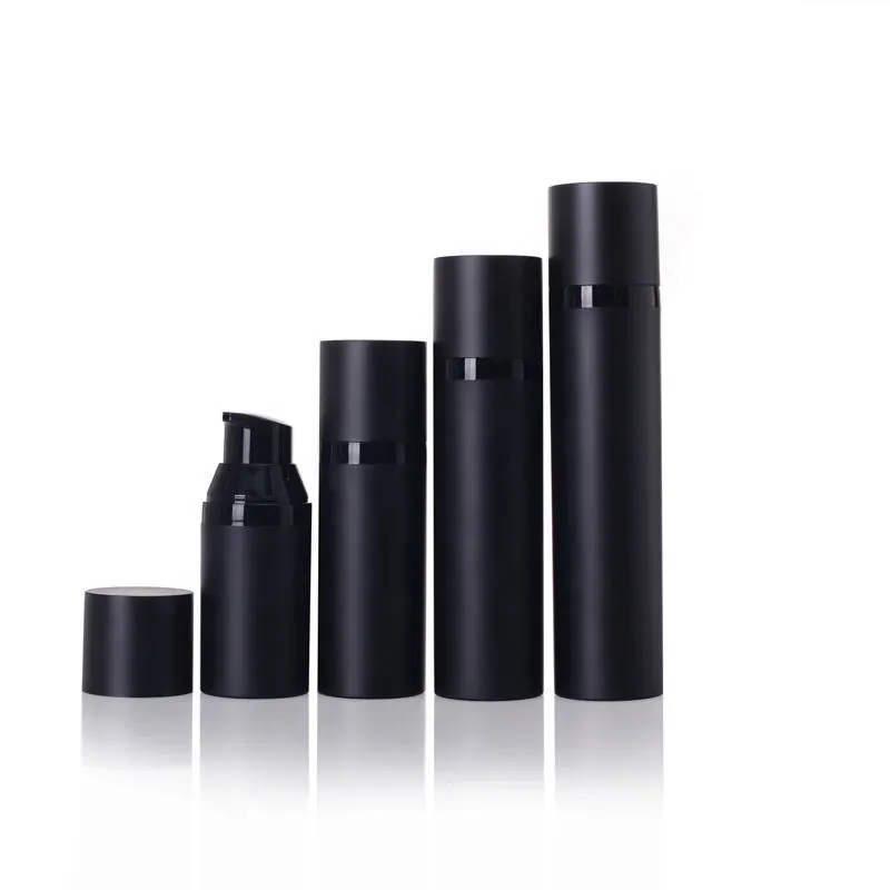 Botella personalizada para loción con bomba sin aire, de forma redonda y color negro, en tamaños de 50 ml, 30 ml, 75 ml y 100 ml