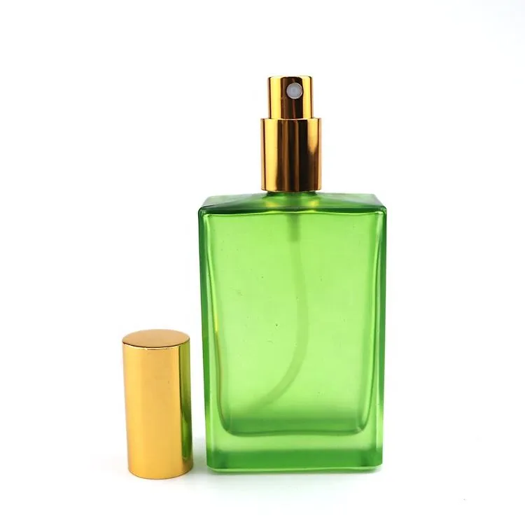 Frasco de perfume de lujo cuadrado de vidrio transparente esmerilado con dosificador dorado, 50 ml y 100 ml