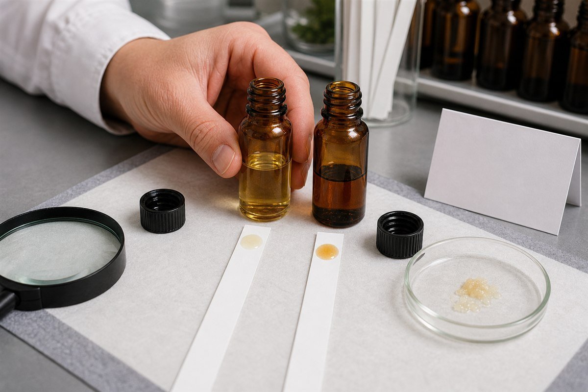Fresh and aged essential oil samples being compared for color, clarity, viscosity and odor changes