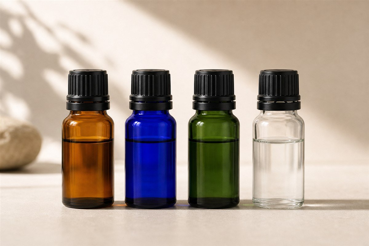 Amber, cobalt blue, green and clear glass essential oil bottles compared side by side