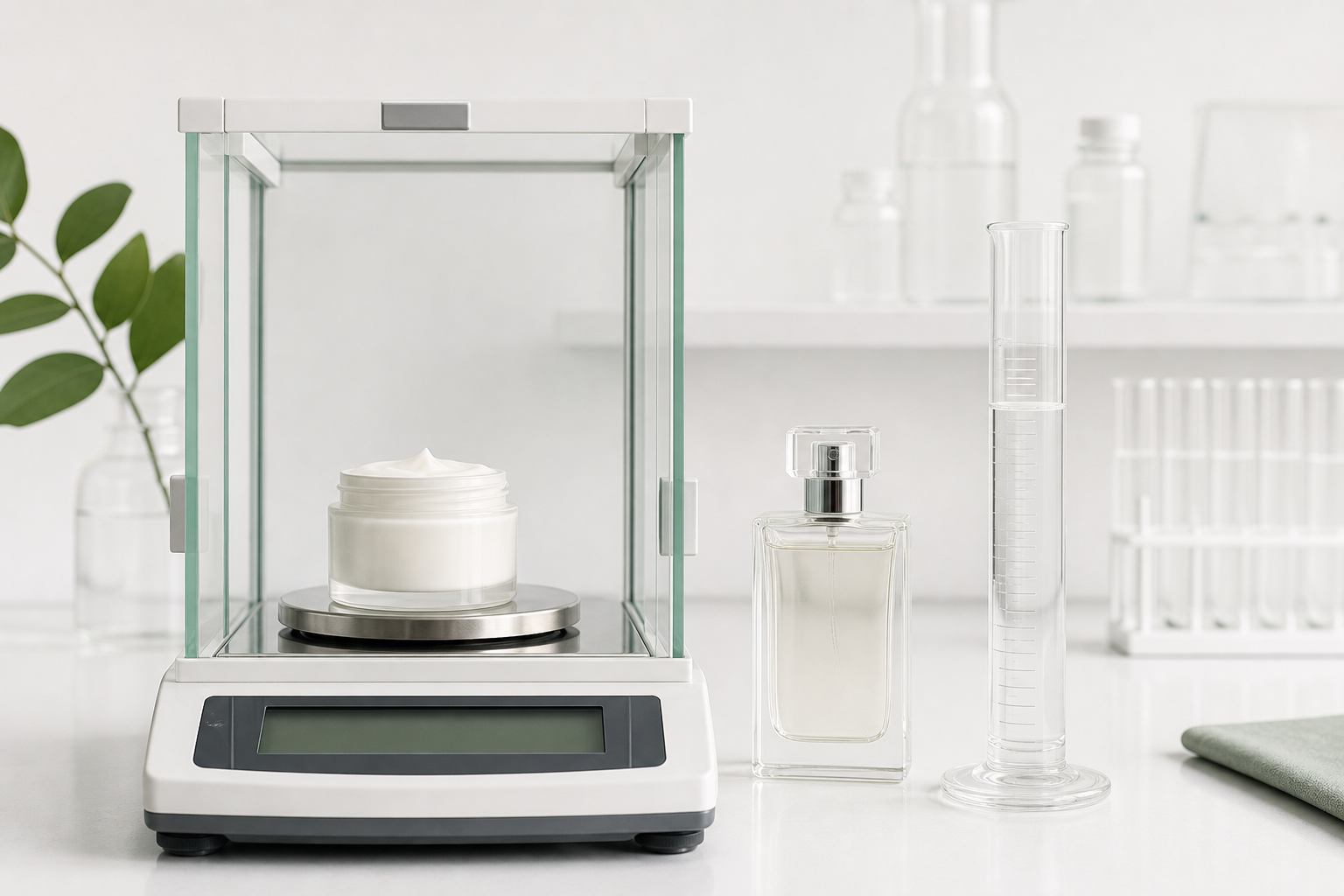 Cosmetic jar on a precision balance beside a graduated cylinder showing weight versus volume