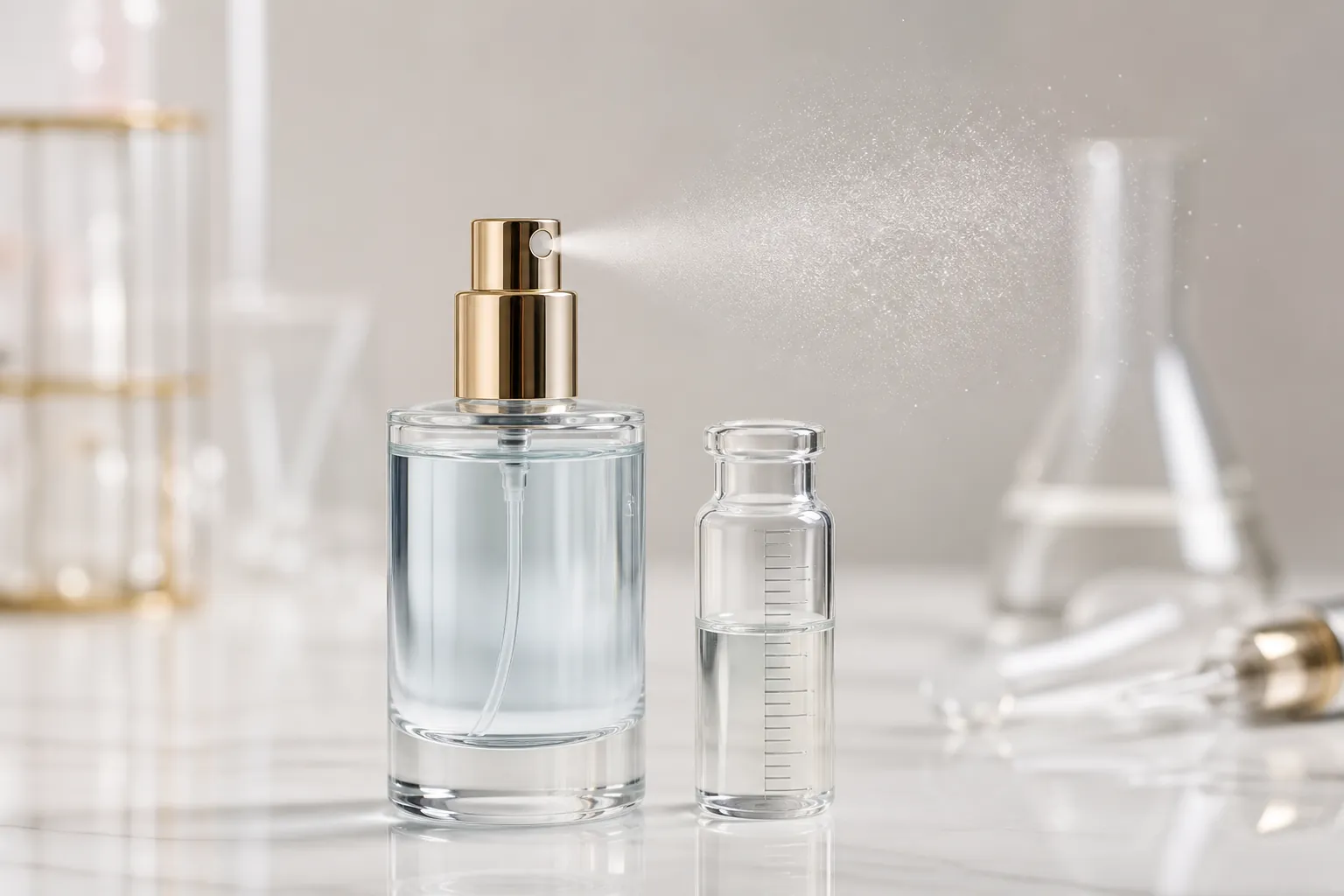 مرذاذ عطر ذو رذاذ ناعم بجانب قارورة مزودة بعلامات قياس للمليلترات لكل رشة