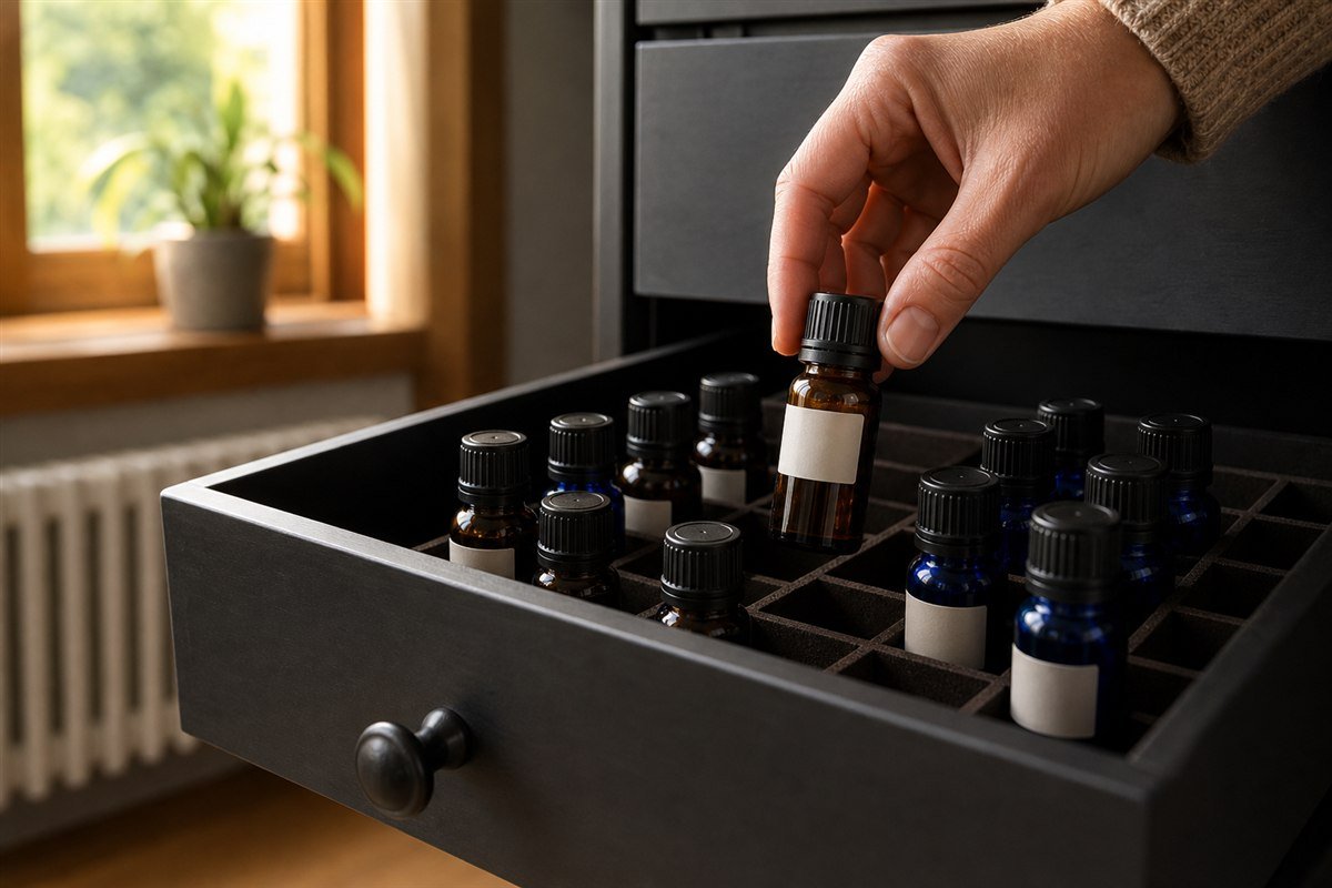 Amber and cobalt essential oil bottles stored upright in a cool dark cabinet organizer