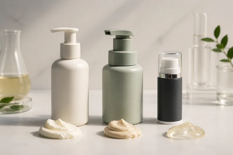 Standard lotion pump, wide-passage treatment pump and airless pump beside high-viscosity cream and gel samples
