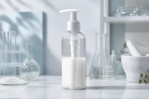 Botella transparente con dosificador de loción en la que se observan burbujas de aire alrededor del tubo de succión tras la pérdida de la succión inicial