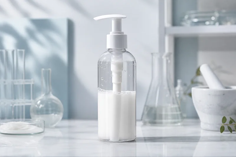 Botella transparente con dosificador de loción en la que se observan burbujas de aire alrededor del tubo de succión tras la pérdida de la succión inicial