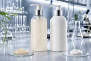 Shampoo- und Lotionsflaschen mit ähnlichen Pumpspendern neben Produktproben