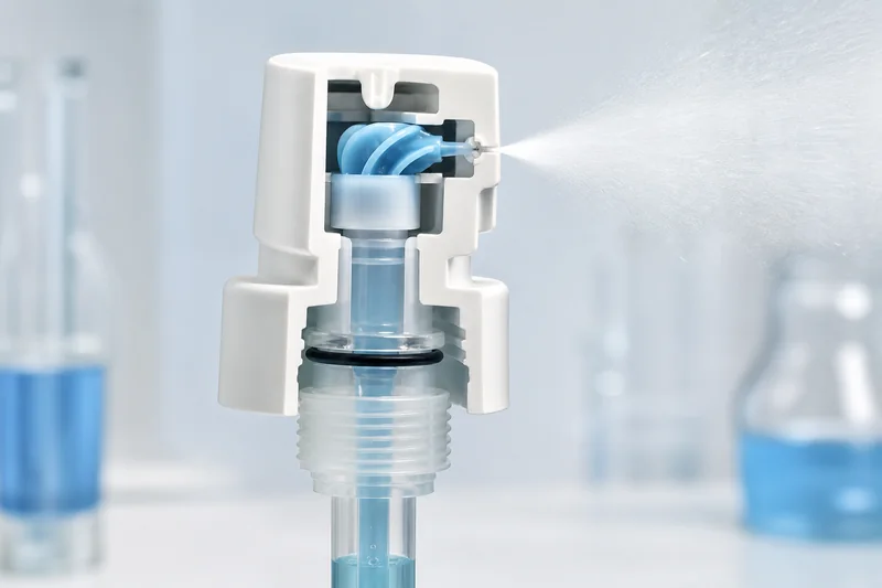 Pulvérisateur à fine brume en coupe montrant la chambre de pompage, le circuit de circulation du liquide, l'insert de tourbillonnement et l'orifice de sortie