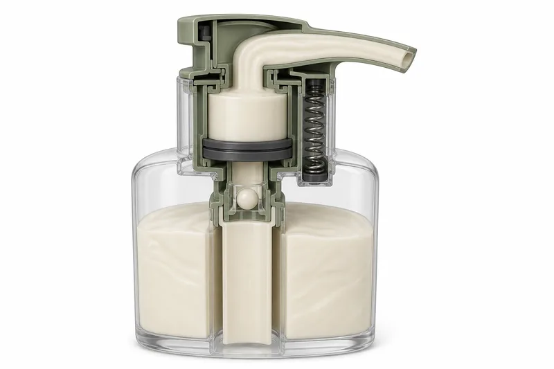 Cutaway view of a wide-passage cosmetic pump with broad dip tube, pump chamber, check valve and cream-filled outlet