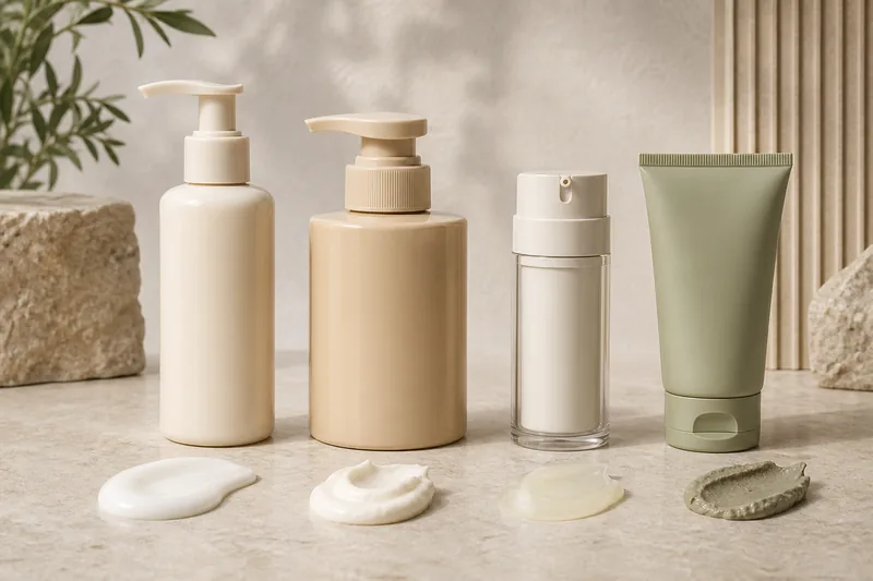 Comparison of lotion pump, high-viscosity pump, airless bottle and squeeze tube with thick cosmetic formula samples