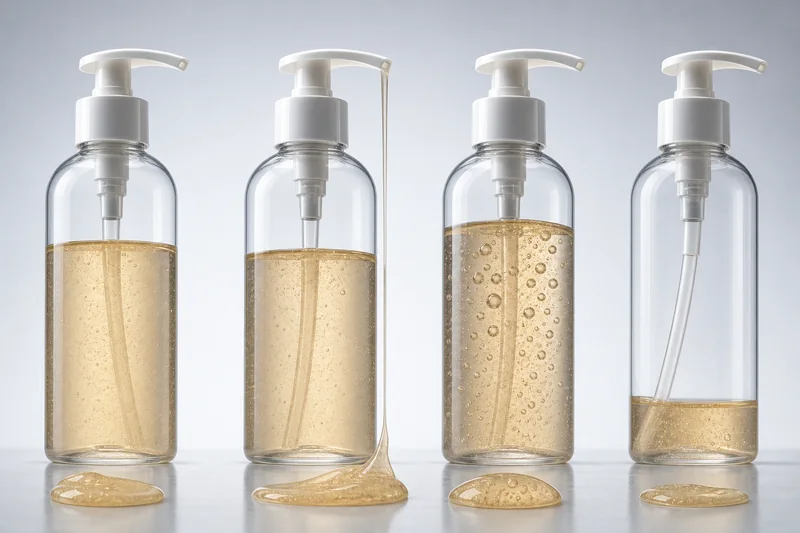 Shampoo-Pumpflaschen, an denen Fadenbildung, eingeschlossene Luft, gleichmäßiger Ausfluss und unvollständige Entnahme bei fast leerem Behälter zu erkennen sind
