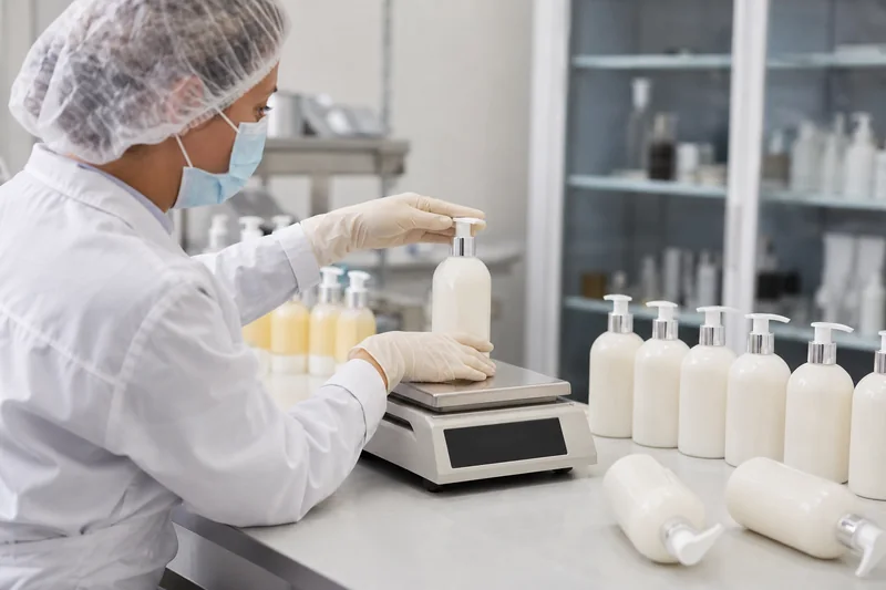 Técnico de calidad que comprueba el cebado de la bomba de la loción y pesa el rendimiento después del almacenamiento