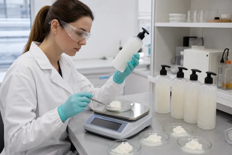 Qualitätstechniker, der die Fördermenge der Shampoopumpe wiegt und die befüllten Pumpflaschen prüft