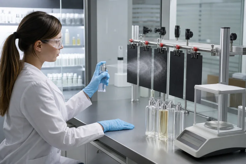 Technicien de laboratoire évaluant les profils de pulvérisation de fine brume sur des cartes d'essai sombres