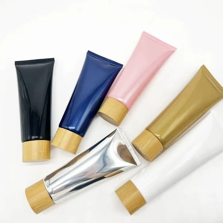 H3b417c2b784c4852b37bf4d8015 50 g, 80 g, 100 g, 150 g – Leere Tuben aus PE für Gesichtsreiniger und Handcreme mit Bambusverschlüssen