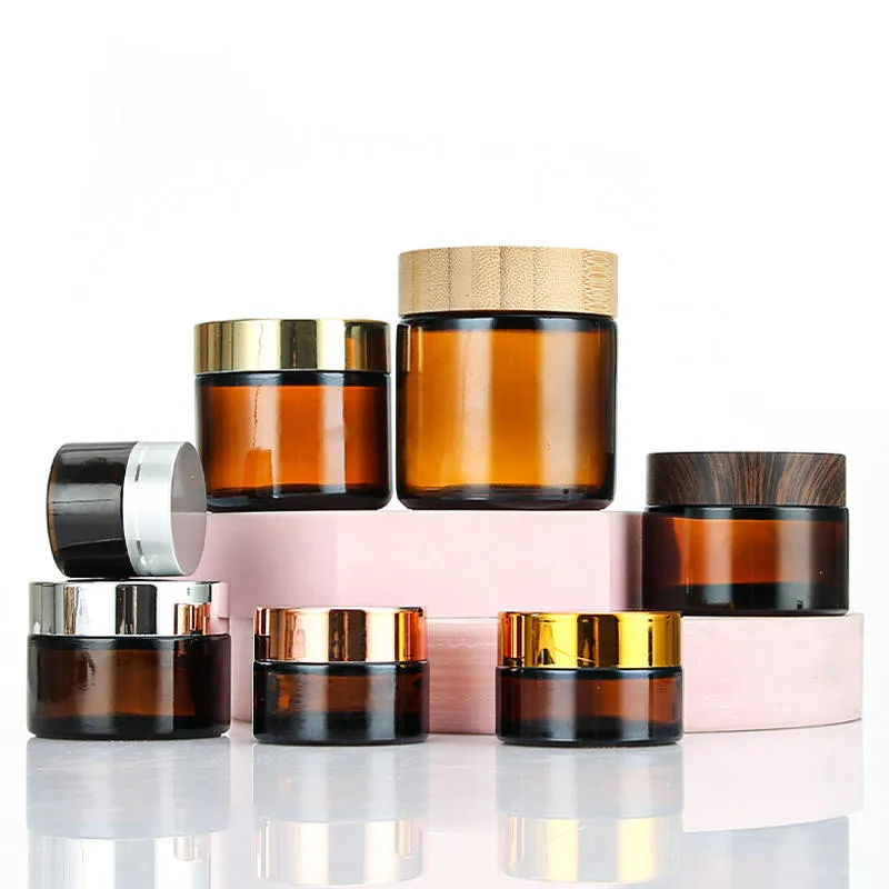 H467a8f41c68e4b72b9fea8e696d High Quality Empty Brown Frosted Glass Face Cream Jar 30g 50g With Gold Cap