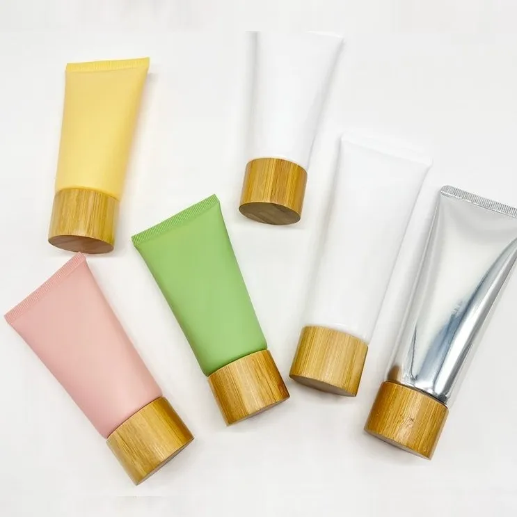 H610eb804a350406a96953588f 50 g, 80 g, 100 g, 150 g – Leere Tuben aus PE für Gesichtsreiniger und Handcreme mit Bambusverschlüssen