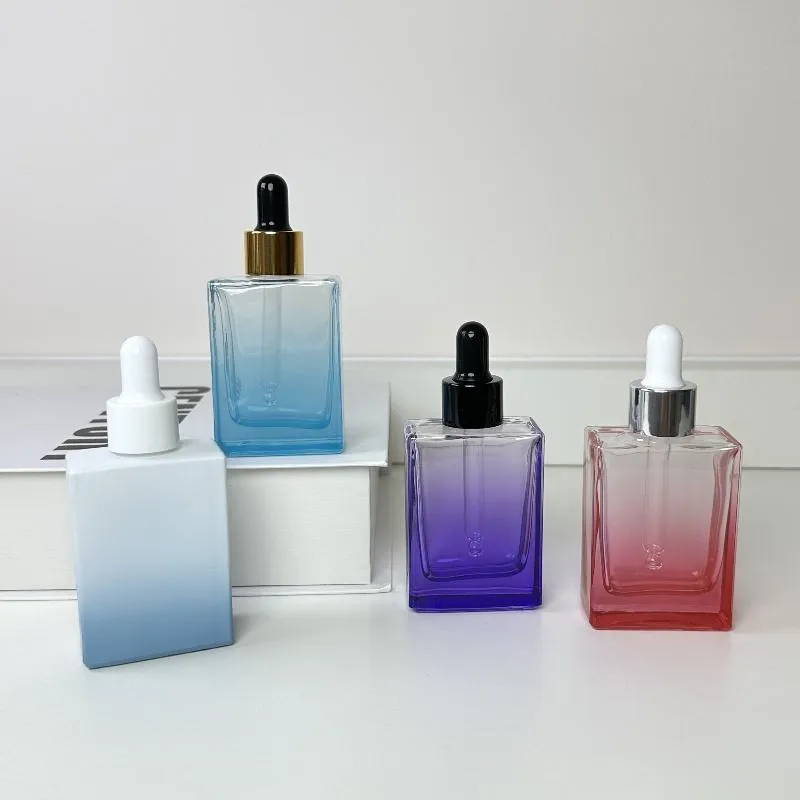 30 ml, 50 ml, 100 ml, 120 ml – transparente, flache, quadratische oder rechteckige Glasflaschen mit Tropfverschluss für Öle und Seren