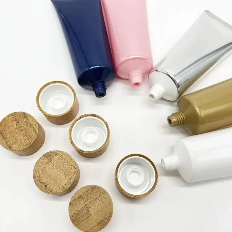 Ha14cd3eaa30e42bd88fa09f0001 50 g, 80 g, 100 g, 150 g – Leere Tuben aus PE für Gesichtsreiniger und Handcreme mit Bambusverschlüssen