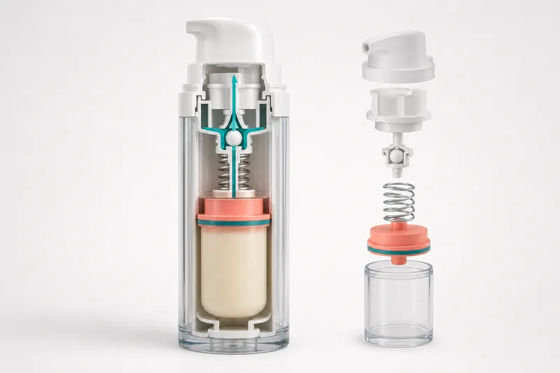 Schnittdarstellung einer Airless-Pumpflasche mit Kolben und der Pumpenkomponenten