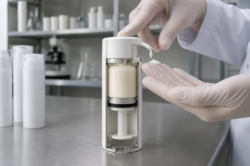 Cutaway airless pump bottle showing the rising piston and enclosed cream chamber