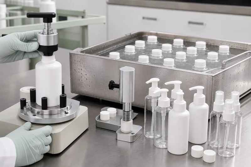 Drehmomentprüfung von Verschlüssen für Kosmetikflaschen und Dichtheitsprüfung befüllter Verpackungen im Labor