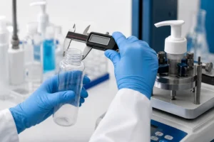 Frascos de vidrio y plástico para cosméticos sometidos a pruebas de calidad en un laboratorio de empaque