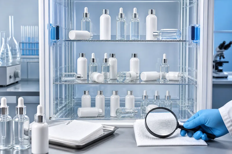 Cosmetic bottles in upright, inverted and side positions during compatibility and leak testing