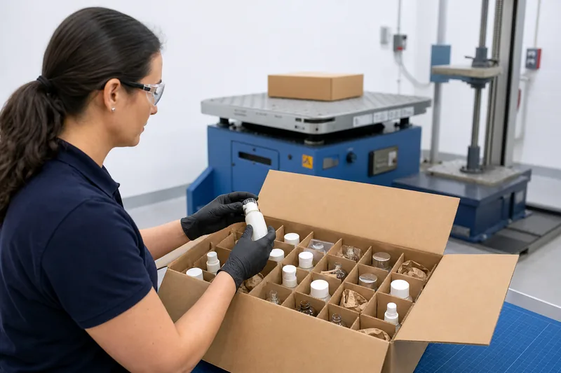 Technician inspecting cosmetic bottles in a partitioned carton after distribution testing