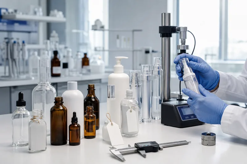 Technician measuring a cosmetic bottle neck and checking lotion pump closure torque