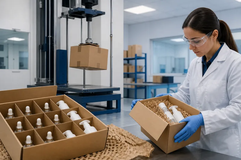 Cosmetic bottle shipping cartons being prepared for drop testing in a packaging laboratory