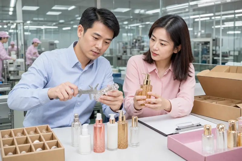 Muestra de prueba de empaques cosméticos con moldes personalizados e inspección de calidad previa al envío