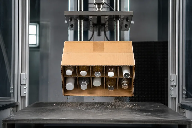 Filled carton of cosmetic bottles undergoing a controlled free-fall drop test