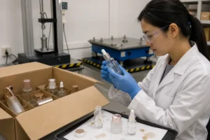 Technician inspecting cosmetic glass bottles for leakage and damage after drop testing
