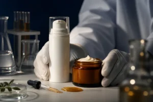 Opaque airless pump bottle and amber cream jar compared for retinol skincare packaging