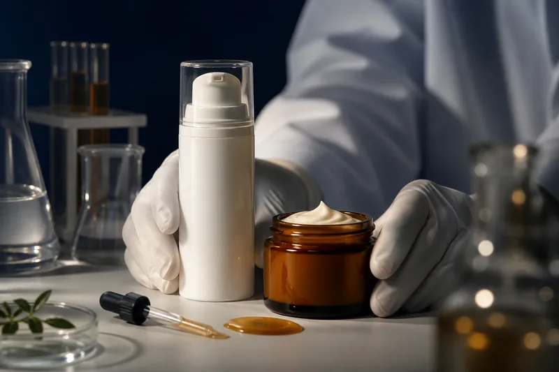 Opaque airless pump bottle and amber cream jar compared for retinol skincare packaging