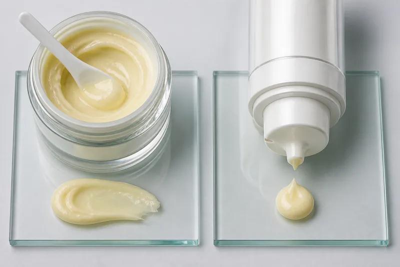 Open cream jar with spatula beside an airless pump dispensing a measured dose