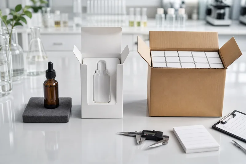 Individual cosmetic bottle, retail carton and master case representing three drop test levels