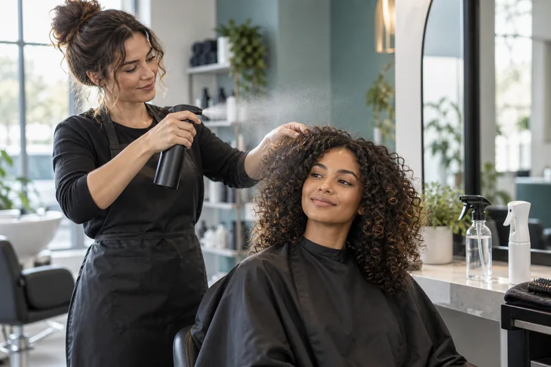 Un estilista utiliza un rociador de vapor fino y continuo para humedecer el cabello rizado en un salón de belleza