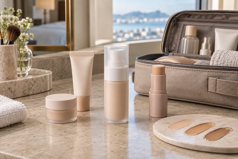 Airless-Pumpe in Reisegröße, Tubenverpackung, Mini-Tiegel und Foundation-Stick neben einer offenen Kulturtasche